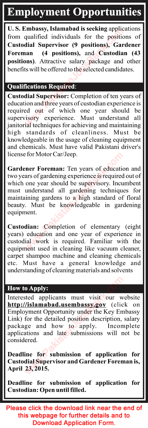 US Embassy Islamabad Jobs 2015 April Custodians / Supervisors & Gardener Foremen Application Form Latest