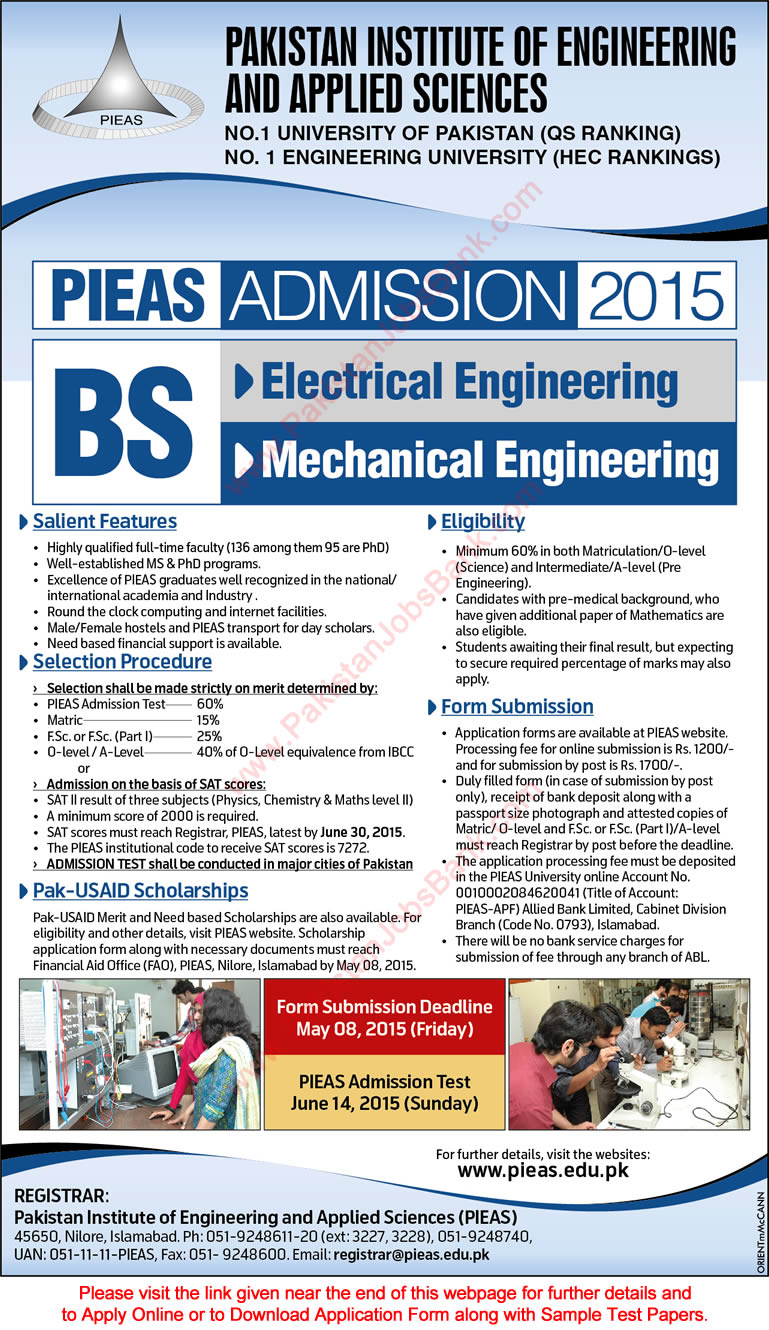 PIEAS Scholarships 2015 for Undergraduates / BS Admissions in Electrical / Mechanical Engineering Pak-USAID