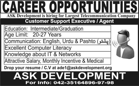 Customer Support Executive Jobs in Lahore 2015 April at Ask Development Latest