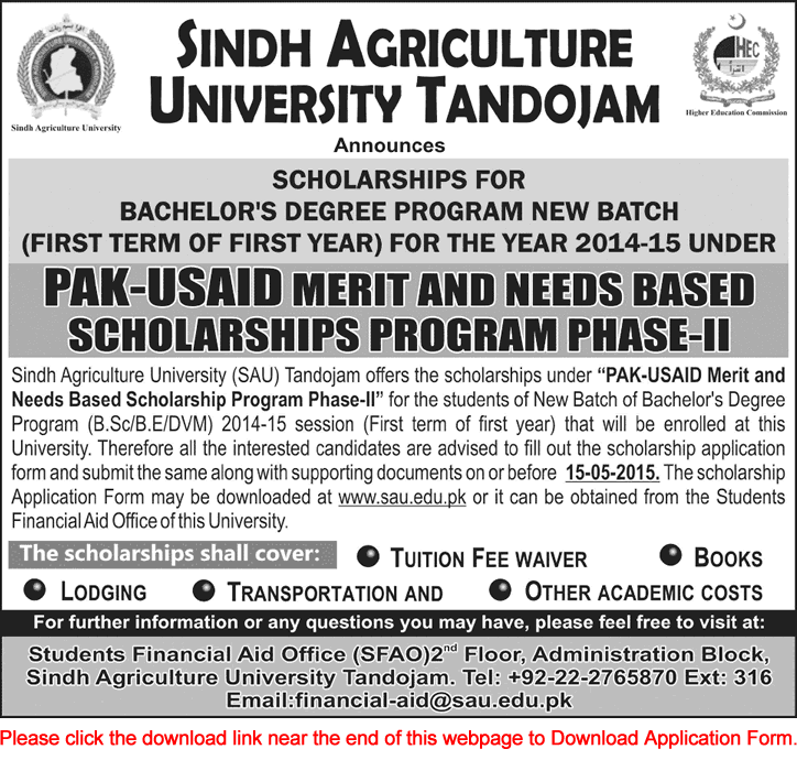 Pak-USAID Scholorships 2015 April Application Form Sindh Agriculture University Tandojam