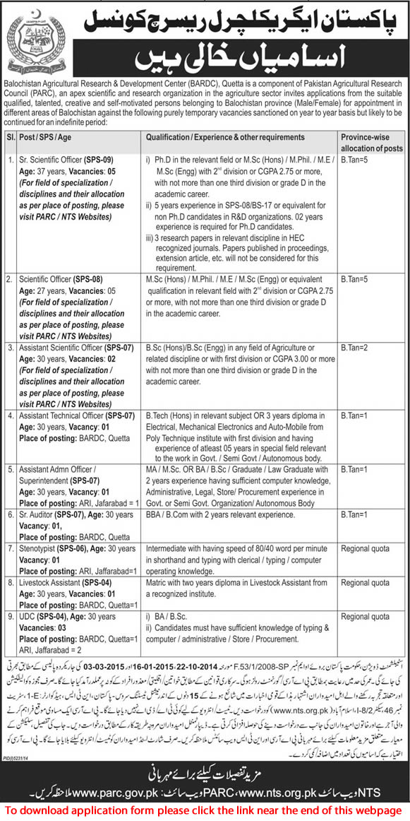 Balochistan Agriculture Research & Development Center Quetta Jobs 2015 April NTS Application Form PARC