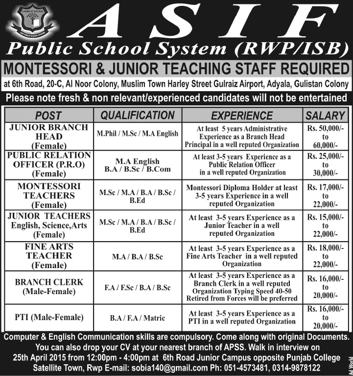 Asif Public School System Rawalpindi Jobs 2015 April for Teaching Faculty & Admin Staff Latest