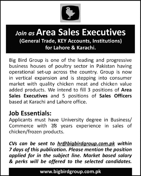 Area Sales Executive & Sales Officer Jobs in Big Bird Group Lahore / Karachi 2015 April Latest