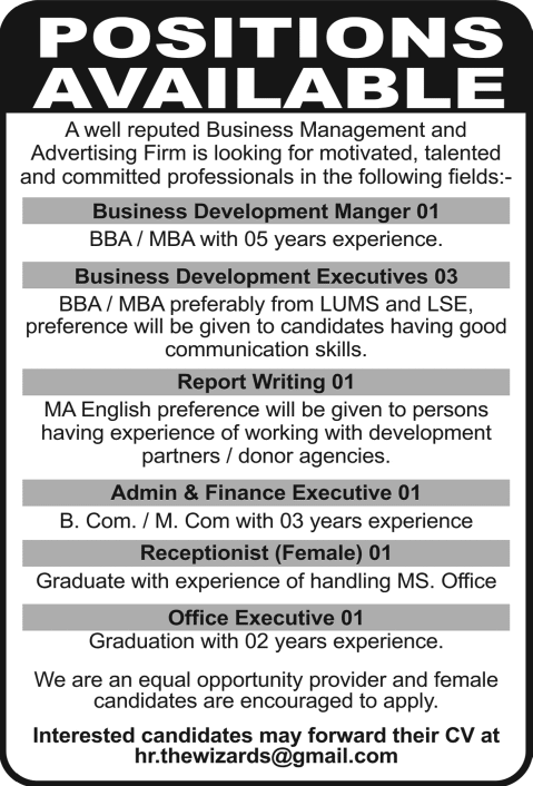 Business Development, Finance & Admin Jobs in Pakistan 2015 April for Business Management & Advertising Firm