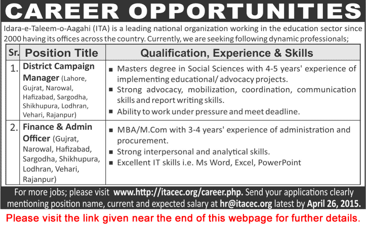 Idara-e-Taleem-o-Aagahi Jobs 2015 April District Campaign Managers and Finance & Admin Officers