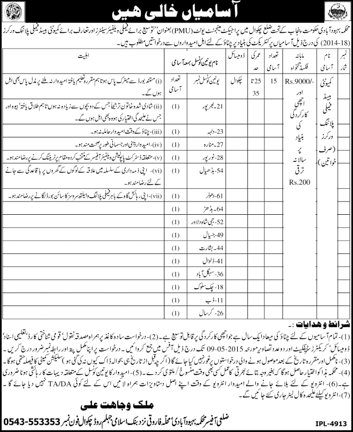 Family Planning Worker Jobs in Chakwal 2015 April Punjab Population Welfare Department Latest