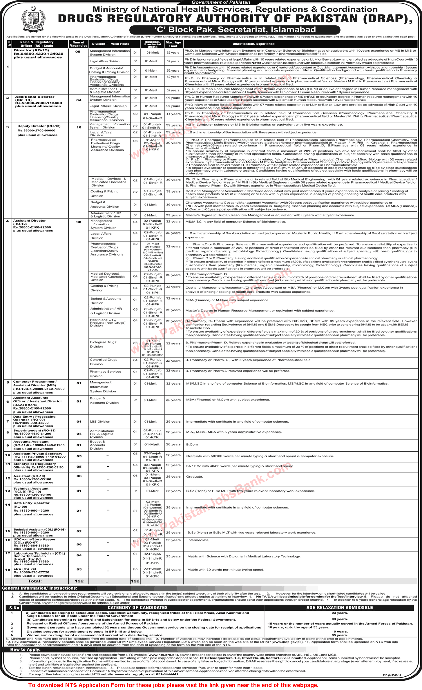 Drug Regulatory Authority of Pakistan Jobs 2015 April NTS Application Form Download DRAP