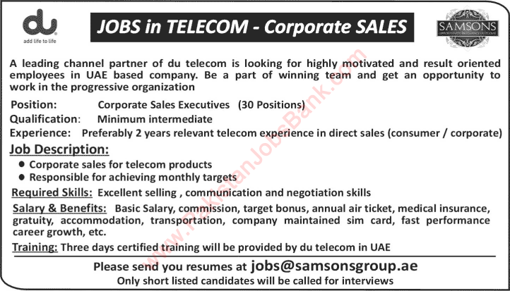 DU Telecom UAE Jobs 2015 April for Pakistani Corporate Sales Executives Samsons Group