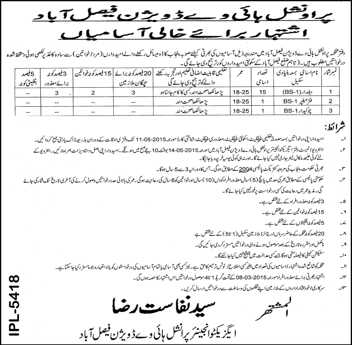 Provincial Highway Division Faisalabad Jobs 2015 May for Baildar, Fitter Helper & Chowkidar Latest