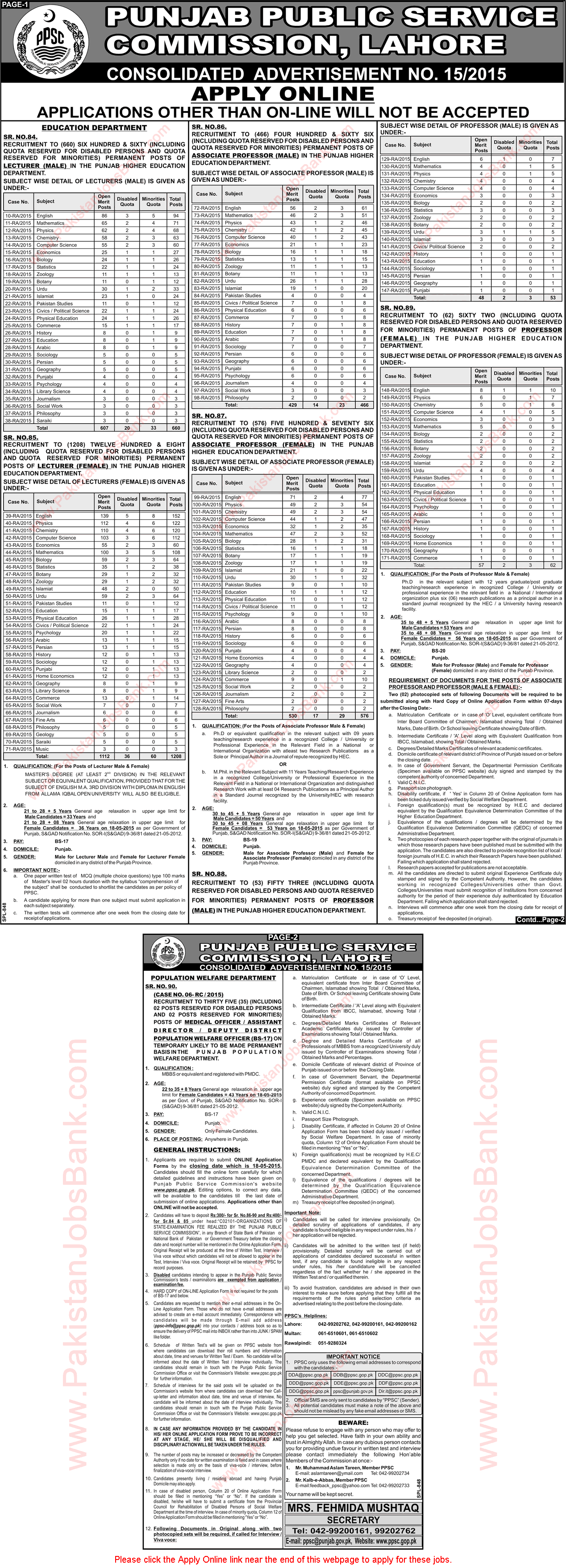 PPSC Jobs May 2015 Lecturers & Associate / Professors Apply Online Latest Advertisement