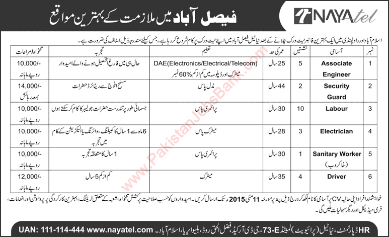 Nayatel Faisalabad Jobs 2015 May DAE Engineers, Drivers, Electrician, Labour, Security Guards & Sweepers