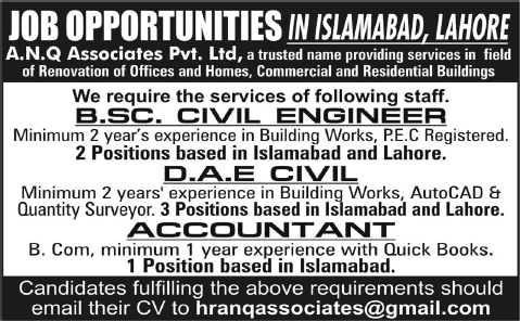 Civil Engineer & Accountant Jobs in Islamabad & Lahore 2015 May ANQ Associates Private Limited
