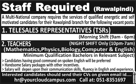 Telesales Representative & Online Teaching Jobs in Rawalpindi 2015 May Latest