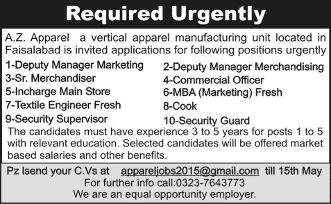 AZ Apparel Faisalabad Jobs 2015 May Textile Engineer, Merchandising, Marketing & Other Staff