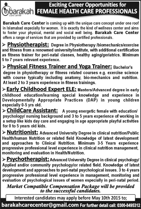 Barakah Care Center Islamabad Jobs 2015 May Physiotherapist, Nutritionist, Childcare Assistant & Others