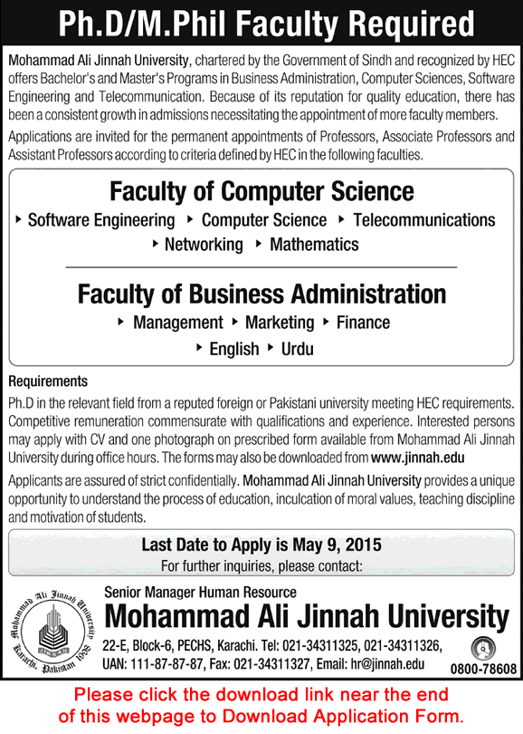 Muhammad Ali Jinnah University Karachi Jobs 2015 May Teaching Faculty Application Form Download