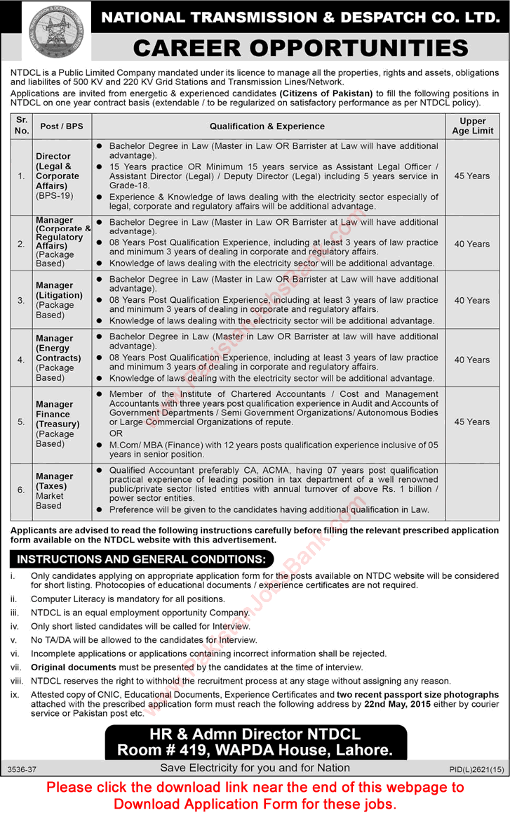 National Transmission and Despatch Company Jobs 2015 May Application Form for Managers & Director