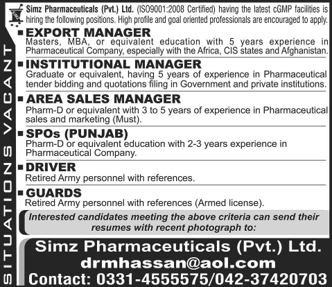 Simz Pharmaceuticals Pvt. Ltd Jobs 2015 May Export / Sales Manager, Sales Officer, Driver & Others