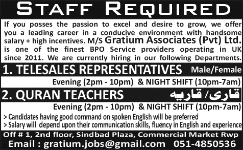 Telesales Representatives & Quran Teacher Jobs in Rawalpindi 2015 May Gratium Associates
