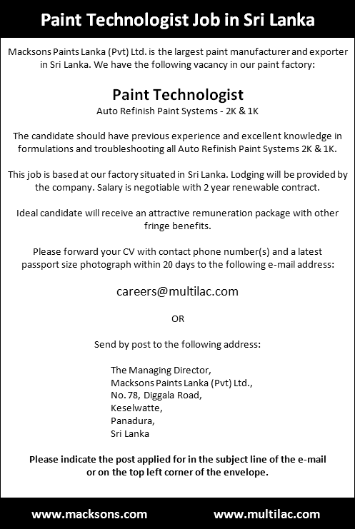 Paint Technologist Jobs in Sri Lanka 2015 for Pakistanis at Macksons Paints (Multilac) Latest