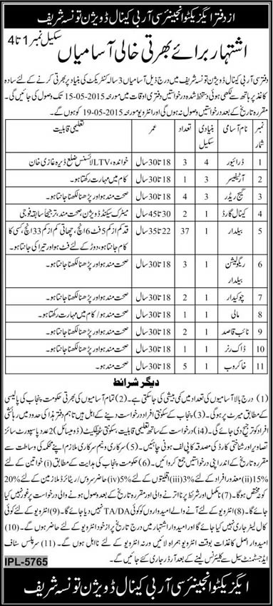 CRB Canal Division Taunsa Sharif Jobs 2015 May Baildar, Gauge Reader, Artificer, Driver, Khakroob & Others