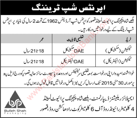 Bulleh Shah Packaging Apprenticeship Training 2015 May DAE Mechanical / Electrical Technicians