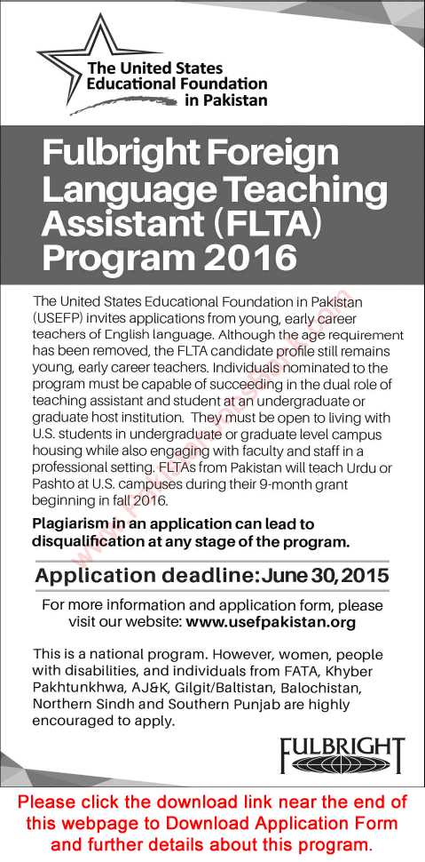Fulbright Foreign Language Teaching Assistant Program 2016 USEFP Application Form Download