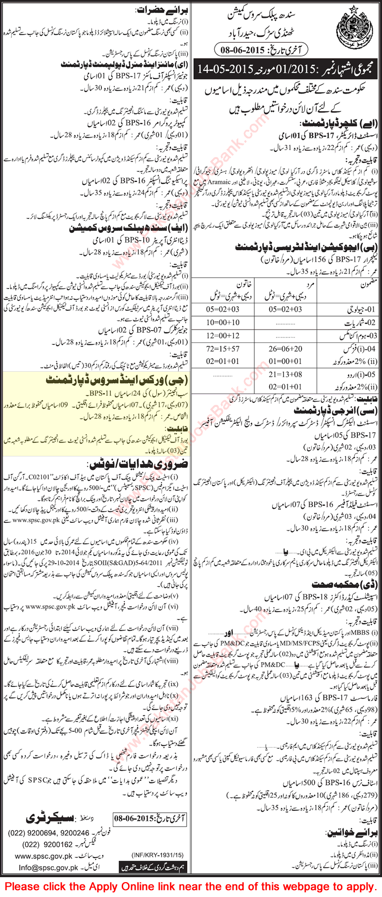 SPSC Civil Sub Engineer Jobs 2015 May Works and Services Department Sindh Latest
