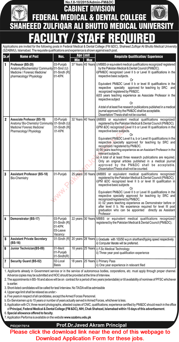 Federal Medical and Dental College Islamabad Jobs 2015 May SZABMU Application Form Download Latest