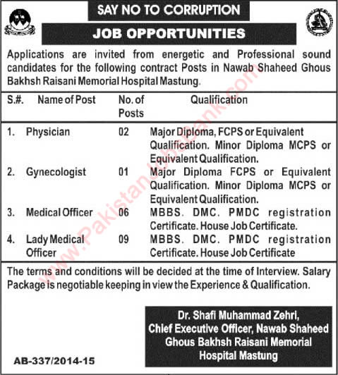 Medical Officers & Physician Jobs in Mastung Balochistan 2015 May Ghous Bakhsh Raisani Memorial Hospital