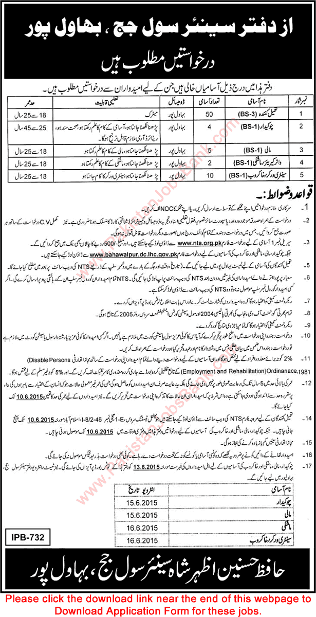 Careers in Civil Courts Bahawalpur 2015 May / June NTS Application Form Download Latest