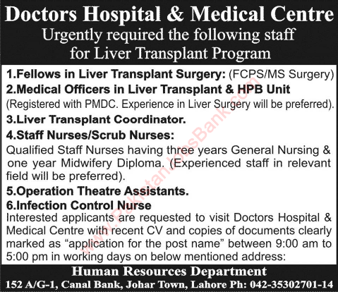 Doctors Hospital Lahore Vacancies 2015 June Medical Officers, Nurses & OT Assistants Liver Transplant Program