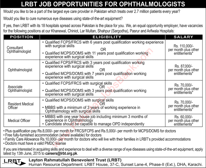 Ophthalmologist Jobs in LRBT Pakistan 2015 June Consultant, Resident Medical Officer & Associate Ophthalmologist