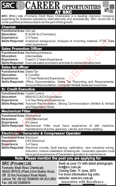 Shafi Reso Chemicals (SRC) Lahore Careers 2015 June Chemist, Sales / Tax Officers, Fitter & Others