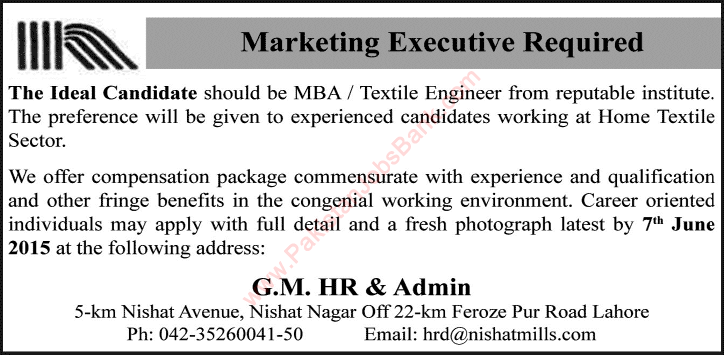Marketing Executive Jobs in Nishat Mills Lahore 2015 June Latest