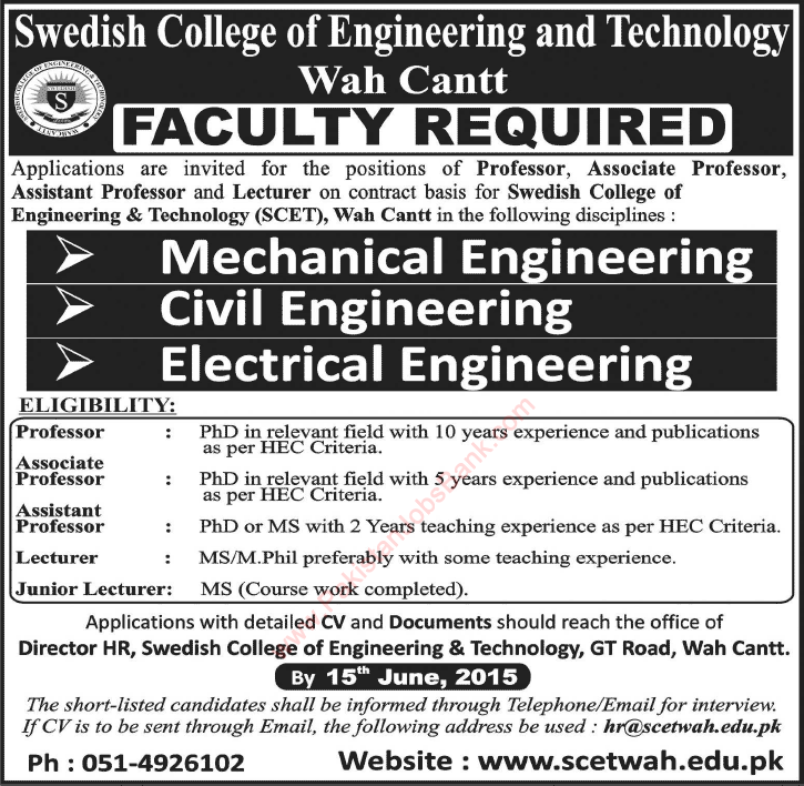 Swedish College of Engineering & Technology Wah Cantt Jobs 2015 June Teaching Faculty