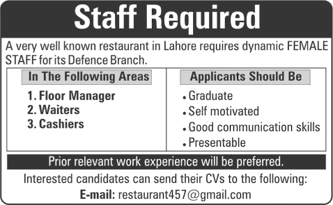 Restaurant Jobs in Lahore June 2015 Female Floor Manager, Waitresses & Cashiers Latest