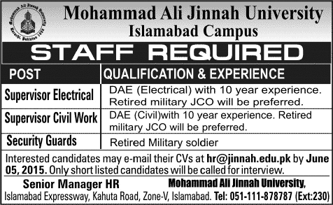 Electrical & Civil Works Supervisors and Security Guards Jobs in Islamabad June 2015 at Mohammad Ali Jinnah University