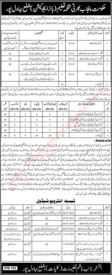 Careers in Bahawalpur Education Department 2015 June Lecturer Assistants, Clerks, Lab Attendants & Others