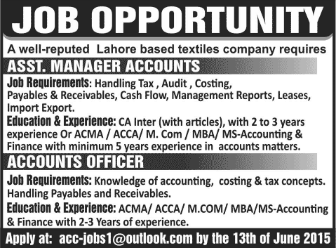 Accounting Jobs in Lahore 2015 June as Assistant Accounts Manager / Officer in a Textile Company