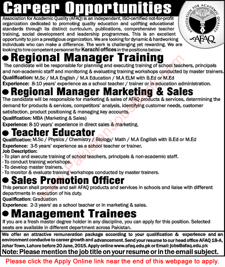 Association for Academic Quality Jobs 2015 June AFAQ Apply Online Management Trainees & Others