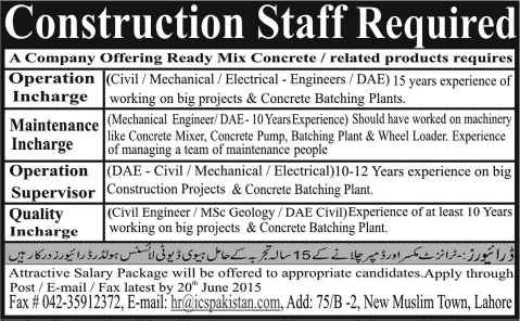 Civil / Electrical / Mechanical Engineering Jobs in Lahore 2015 June at Integrated Construction Solutions