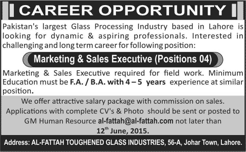 Marketing & Sales Executive Jobs in Lahore 2015 June at Al-Fattah Toughened Glass Industries