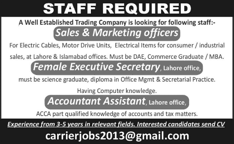 Latest Jobs in Lahore / Islamabad June 2015 Sales / Marketing Officer, Executive Secretary & Accountant Assistant