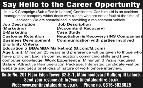 Marketing & Recovery Jobs in Lahore June 2015 at Continental Car Hire Ltd UK