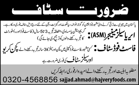 Sales Manager, Kitchen Crew & Sales / Fast Food Staff Jobs in Hajvery Foods 2015 June Latest