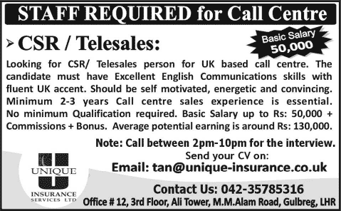 Call Center Jobs in Lahore June 2015 CSR / Telesales Representatives for Unique Insurance Services UK
