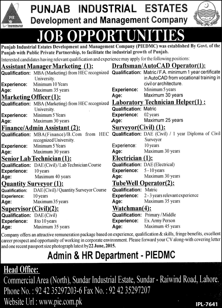 Jobs in Punjab Industrial Estates Development & Management Company Lahore 2015 June PIEDMC