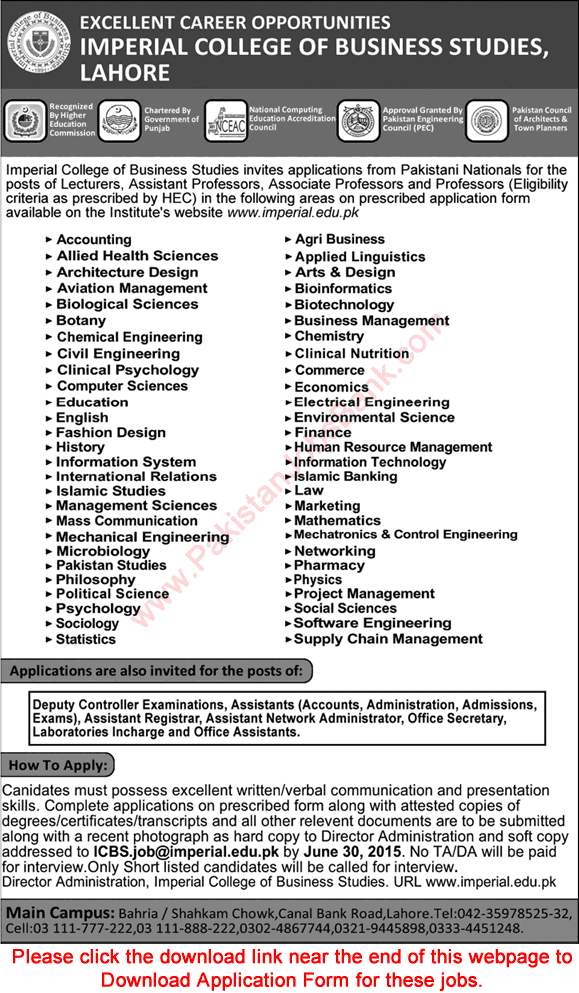 Imperial College of Business Studies Lahore Jobs 2015 June Application Form Teaching Faculty & Admin Staff