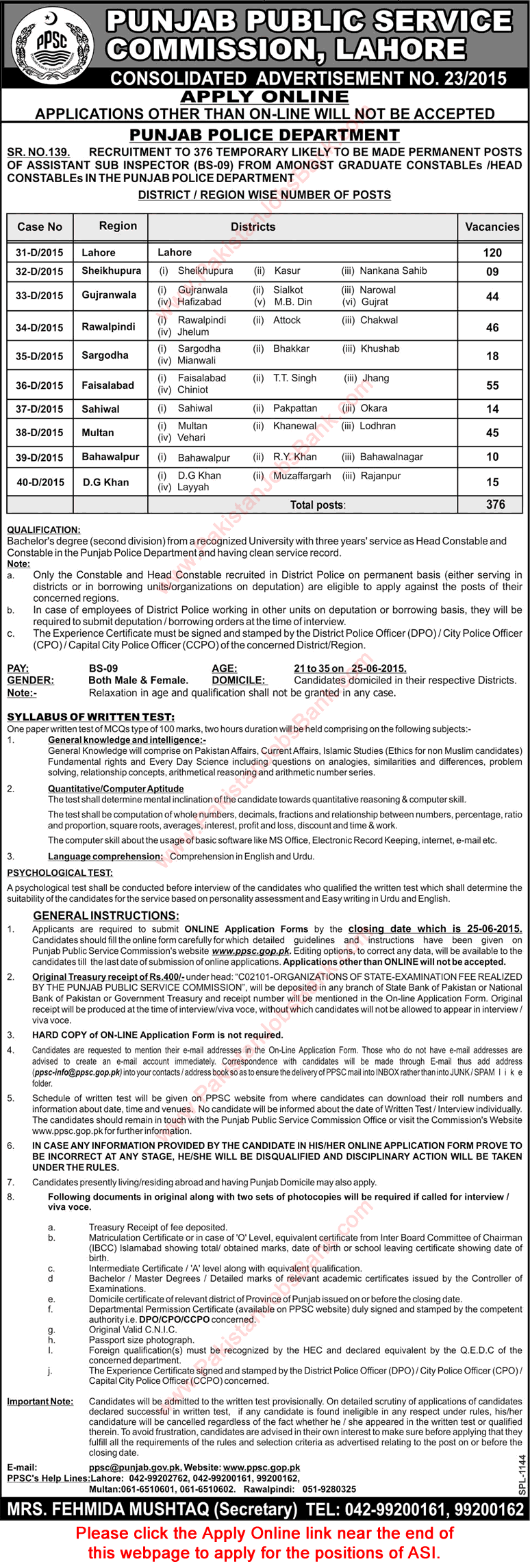 ASI Jobs in Punjab Police June 2015 for Graduate Head / Constables through PPSC Apply Online